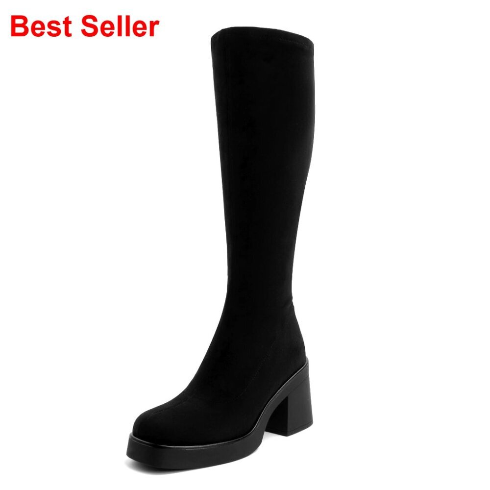 Knee High Platform Boots Chunky Heel Square Toe Side Zipper Women's Shoes